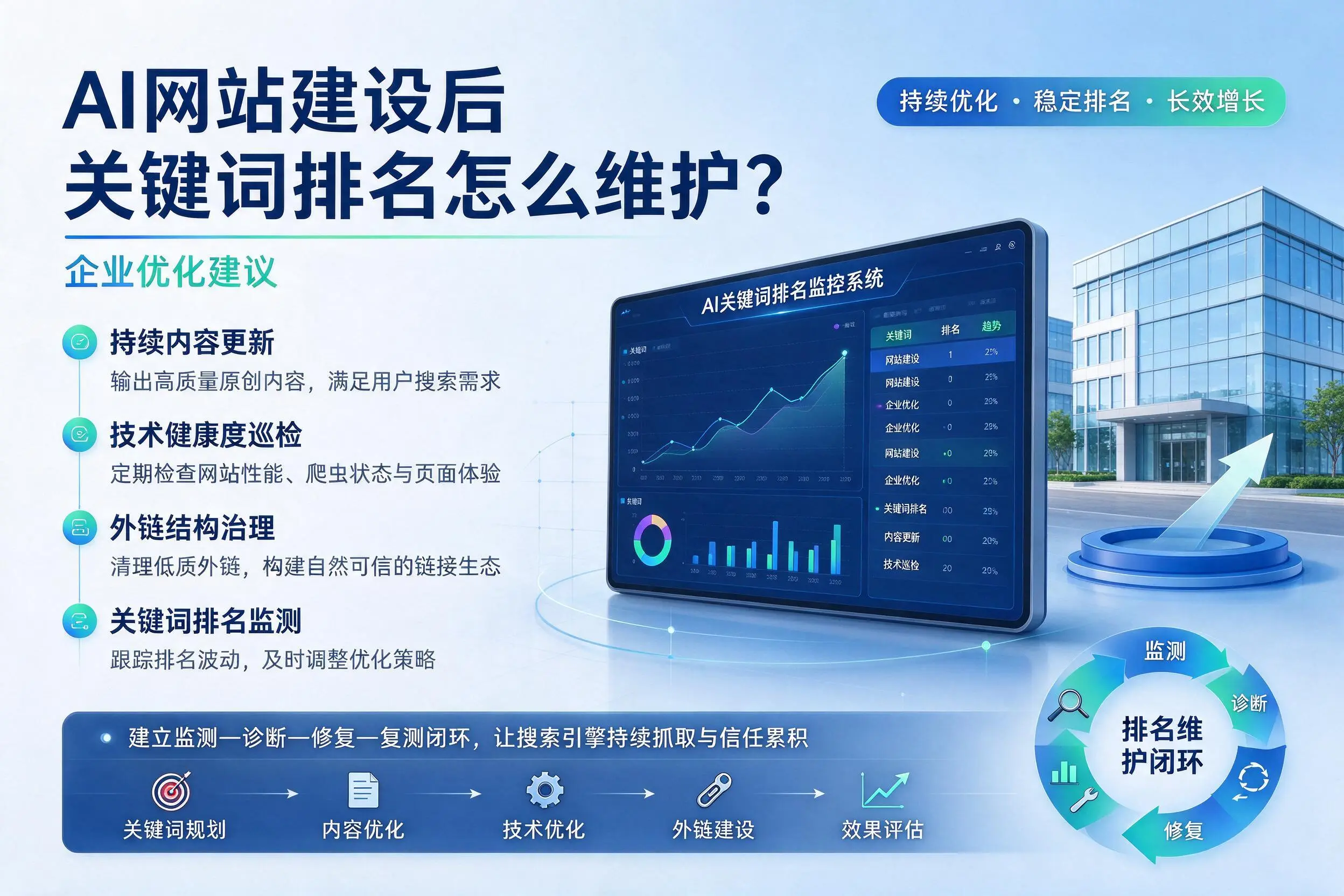 AI网站建设后关键词排名怎么维护?驻马店企业优化建议